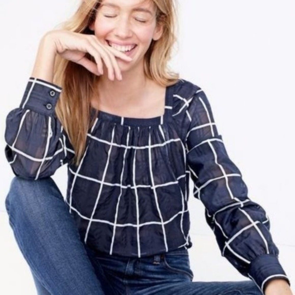 J.Crew Womens Navy‎ Blue White Windowpane Plaid Square Neck Blouse Top Small